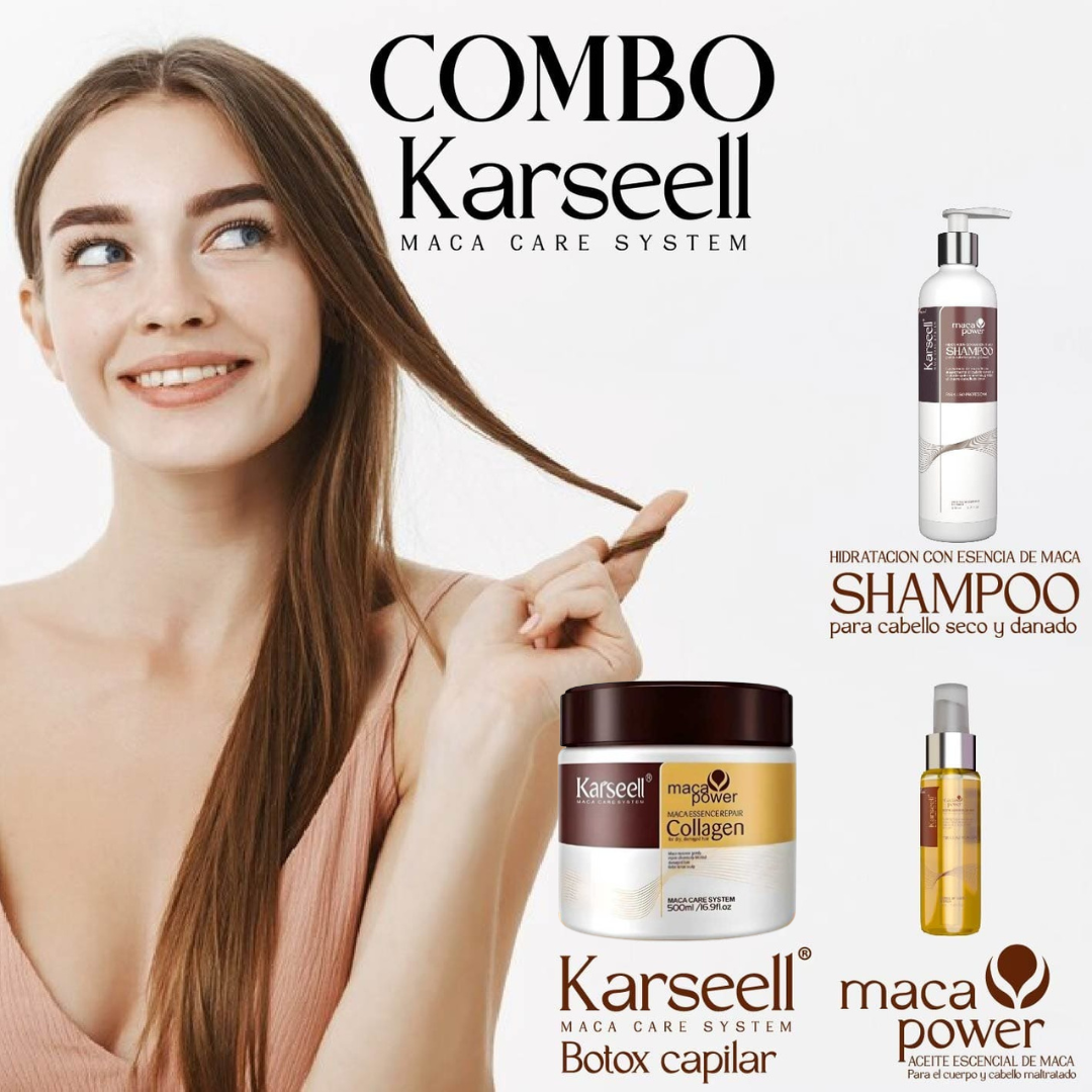 Karseell Combo ORIGINAL® : Shampoo Maca+ Botox Capilar + Aceite de Argán (para un Cabello Radiante y Sin Frizz)