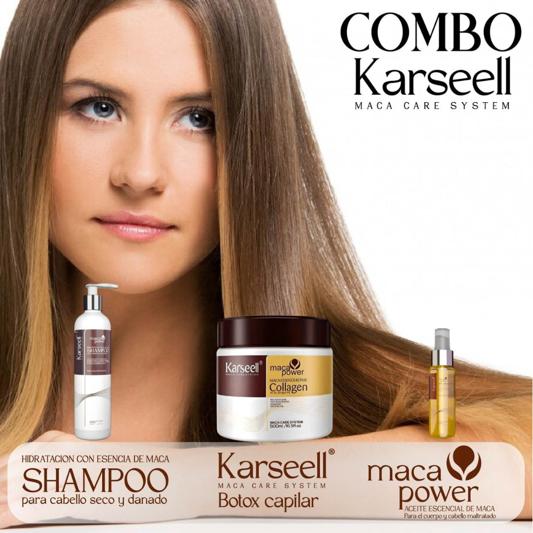 Karseell Combo ORIGINAL® : Shampoo Maca+ Botox Capilar + Aceite de Argán (para un Cabello Radiante y Sin Frizz)