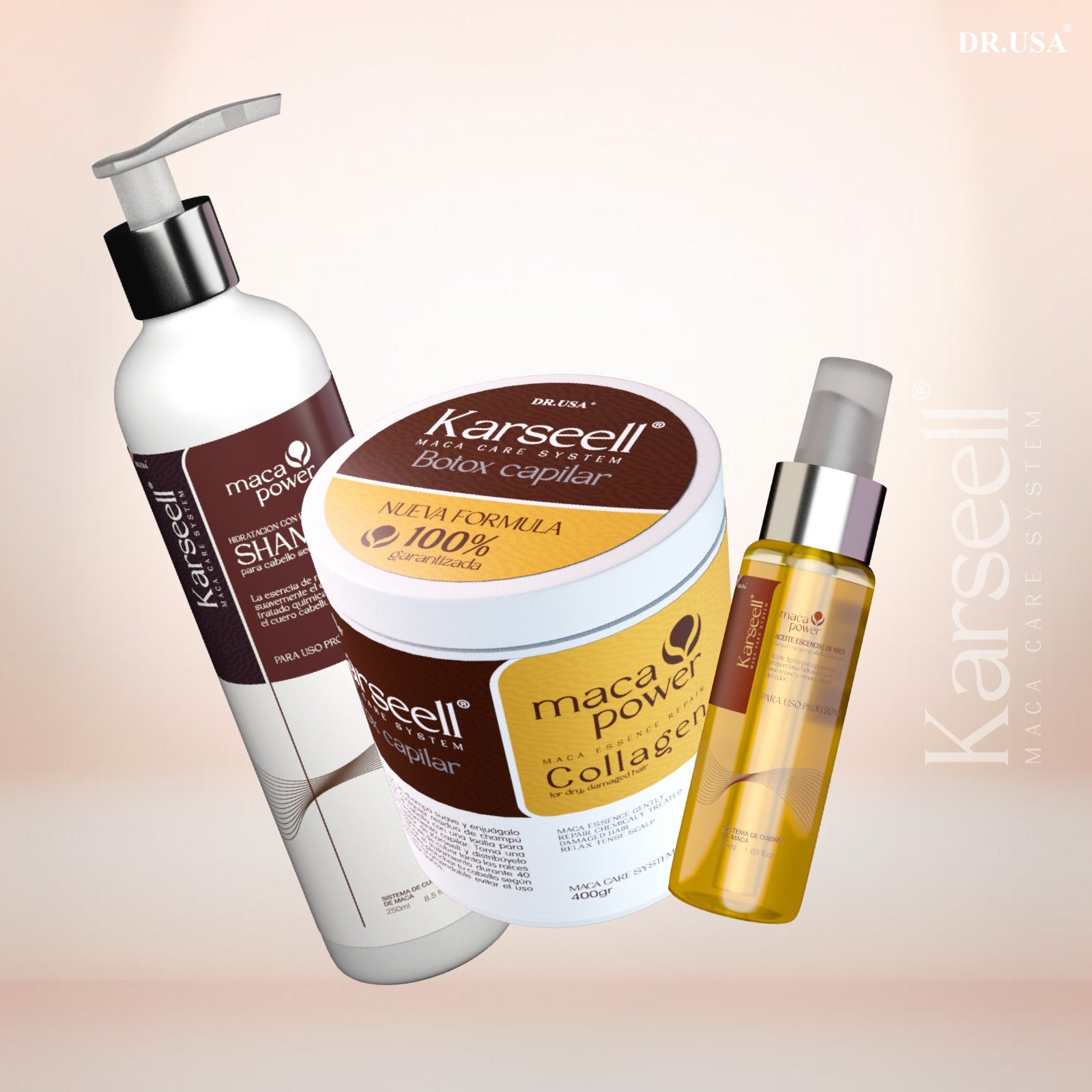 Karseell Combo ORIGINAL® : Shampoo Maca+ Botox Capilar + Aceite de Argán (para un Cabello Radiante y Sin Frizz)